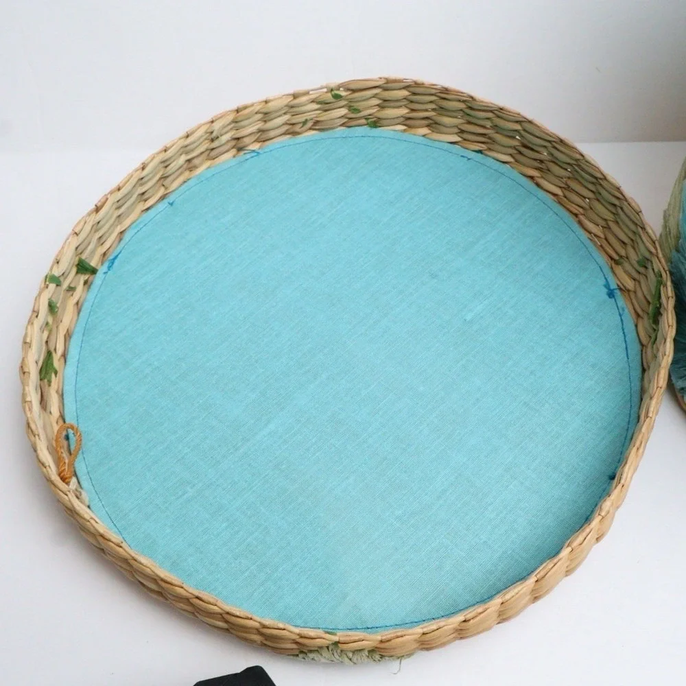 VTG Handmade Straw Raffia Woven Basket with Handle & Lid‎ Floral Boho MCM